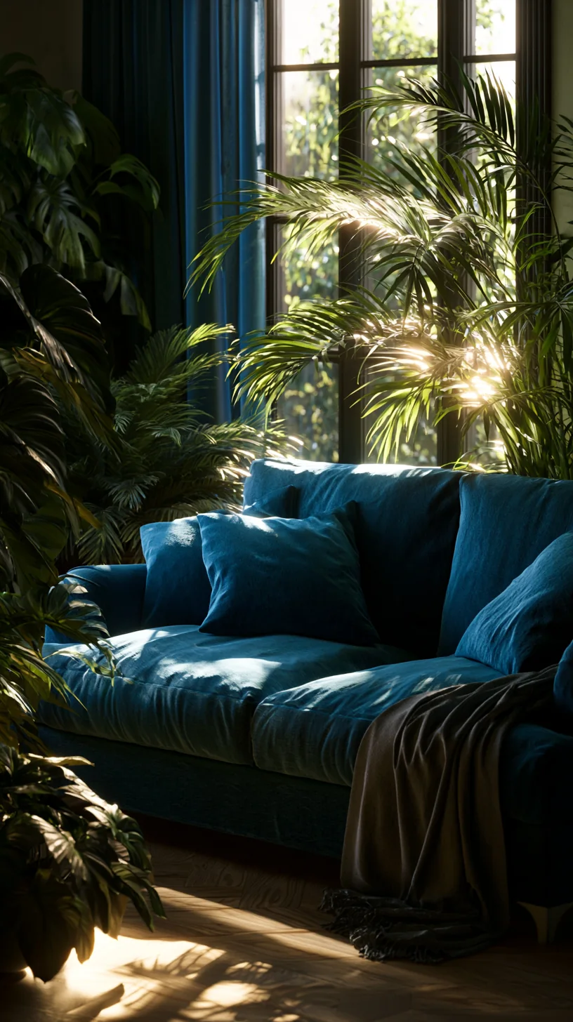 leafy green plants in warm pots beside a blue couch, photo 4 of 4