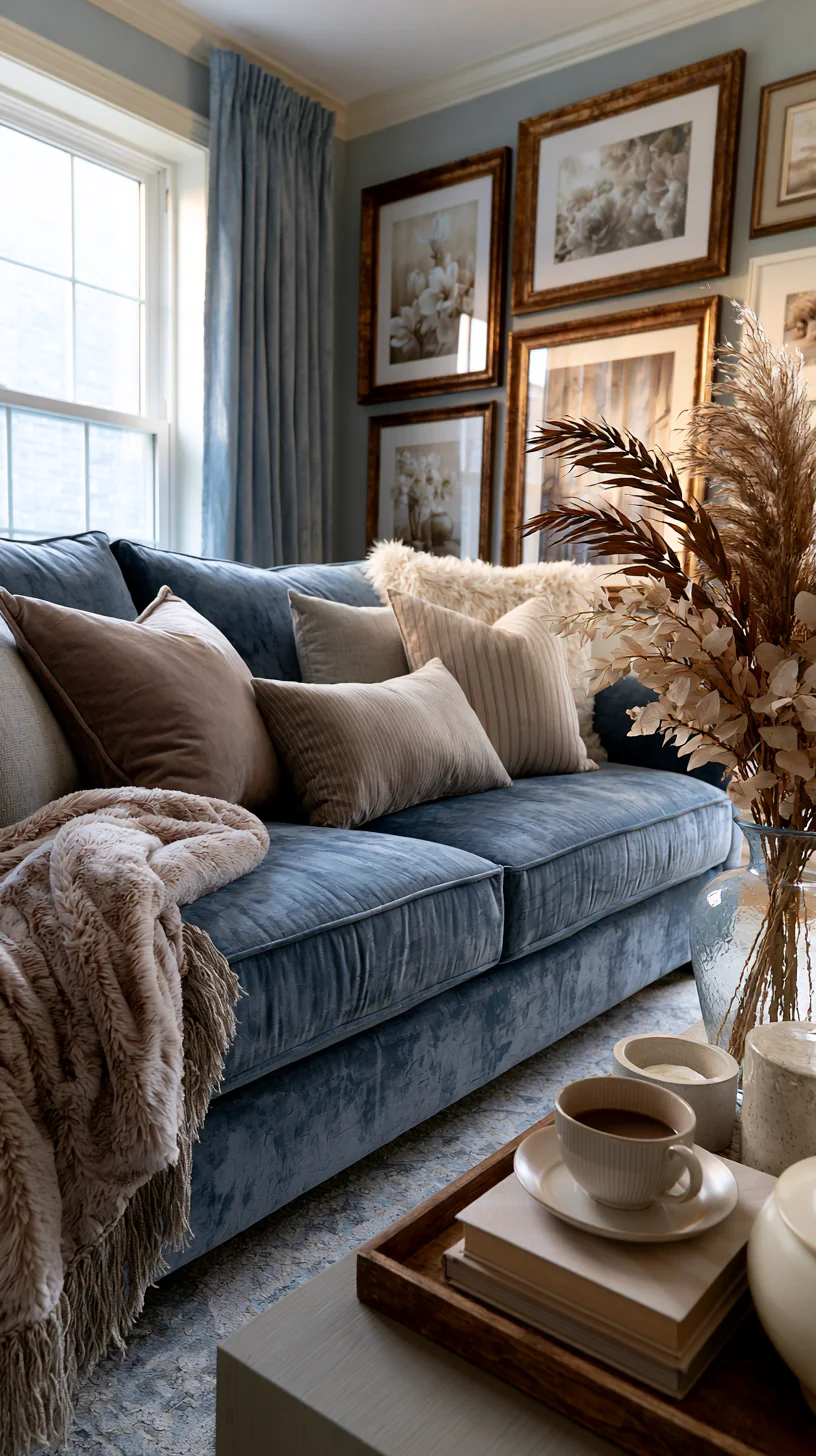 warm-framed gallery wall hung above a blue couch, photo 1 of 4