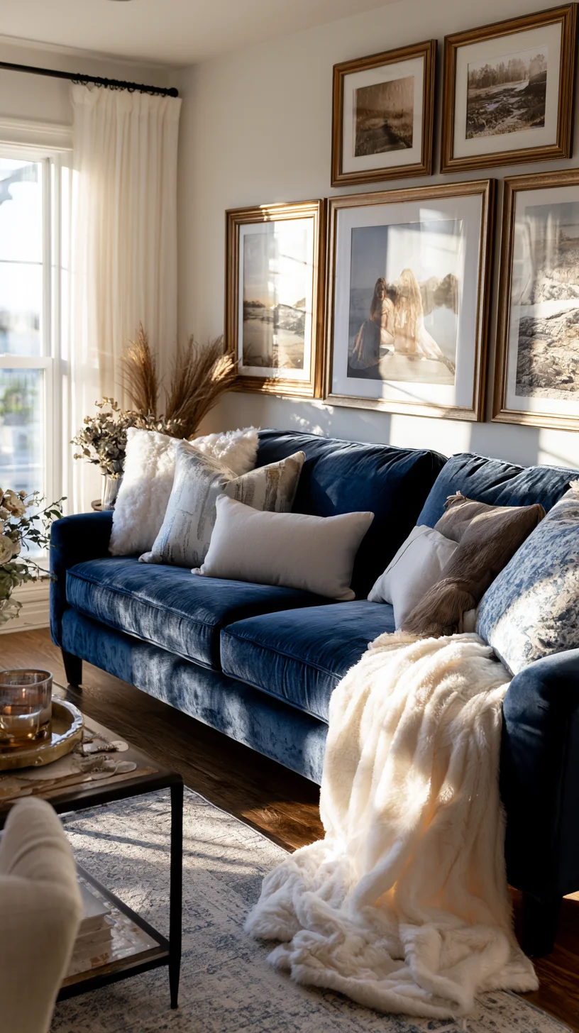 warm-framed gallery wall hung above a blue couch, photo 2 of 4