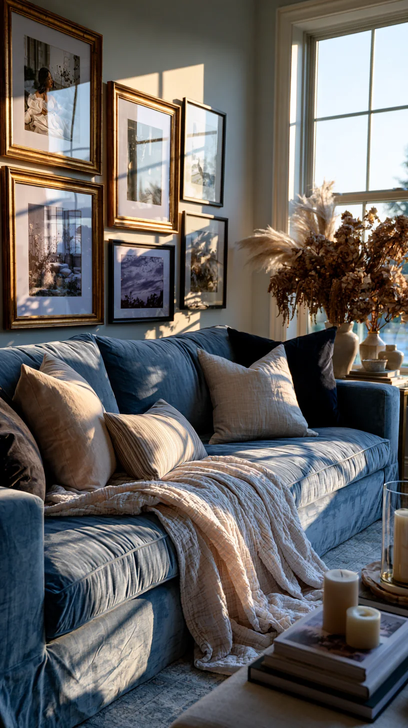 warm-framed gallery wall hung above a blue couch, photo 3 of 4