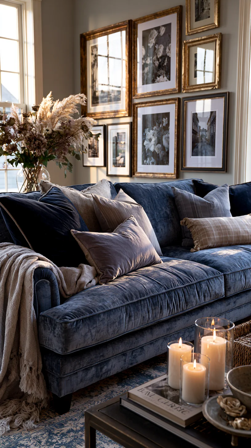 warm-framed gallery wall hung above a blue couch, photo 4 of 4