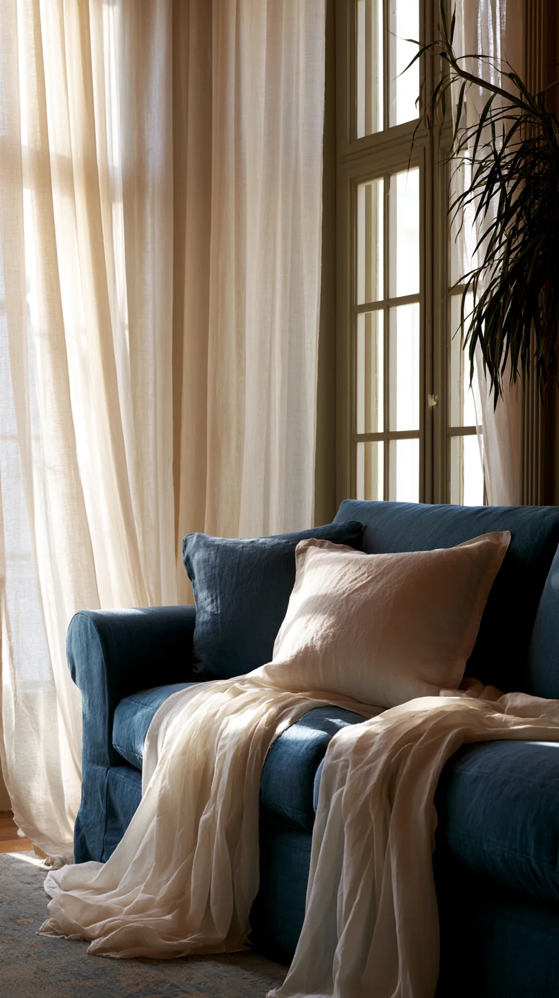 sheer cream linen curtains letting light in beside a blue couch, photo 1 of 3