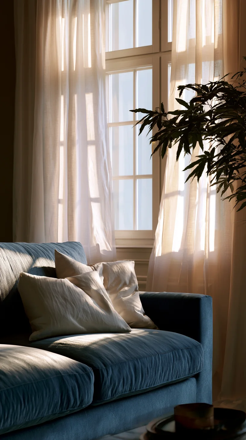 sheer cream linen curtains letting light in beside a blue couch, photo 2 of 3