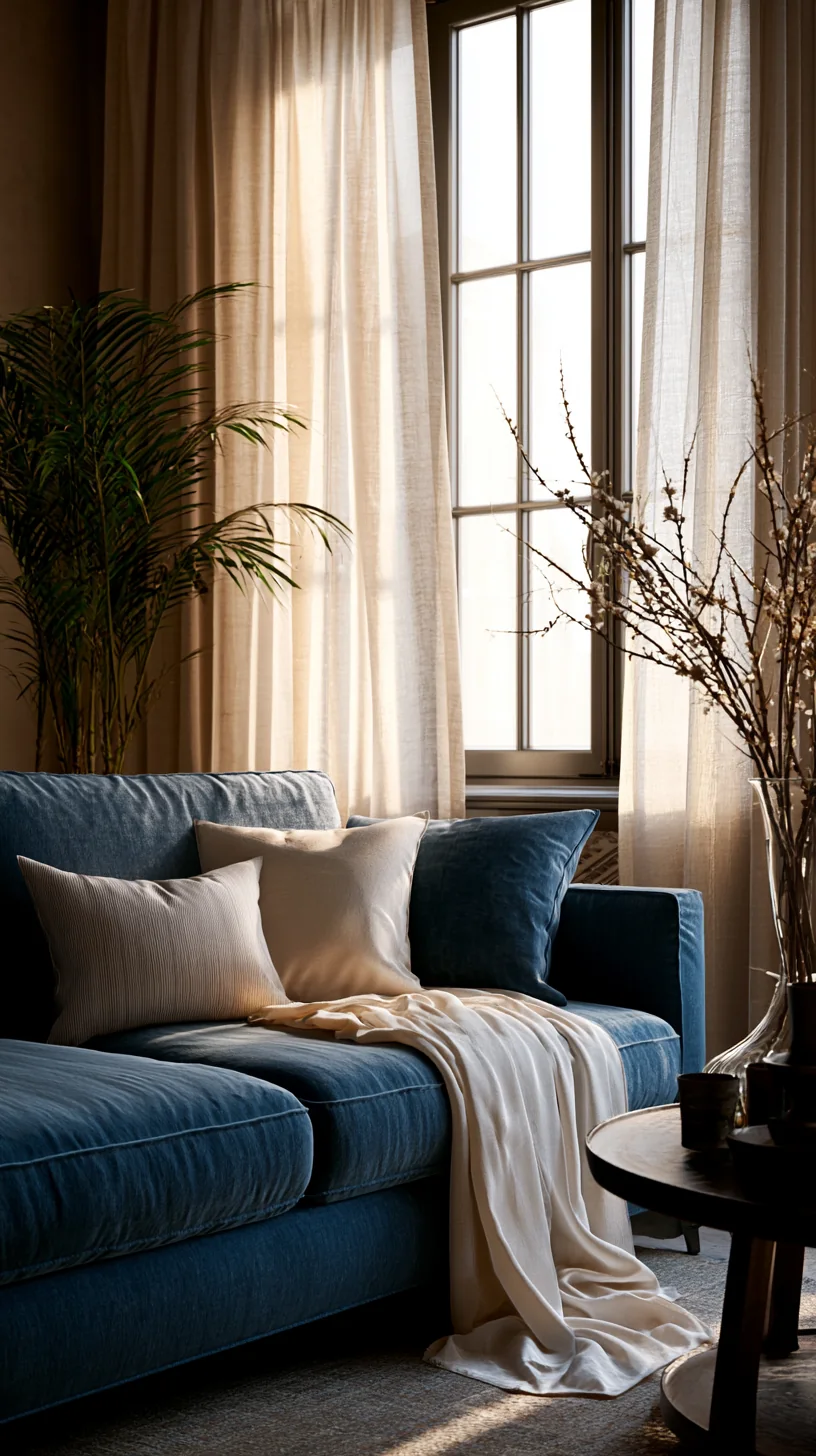 sheer cream linen curtains letting light in beside a blue couch, photo 3 of 3
