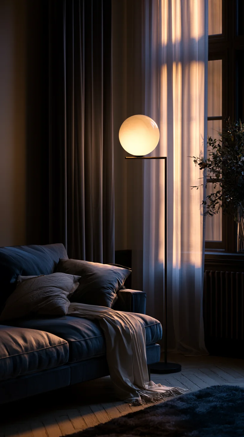 warm floor lamp glowing beside a blue couch at dusk, photo 1 of 4