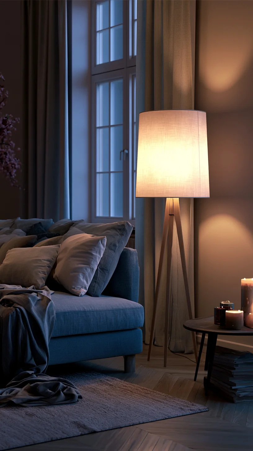warm floor lamp glowing beside a blue couch at dusk, photo 2 of 4