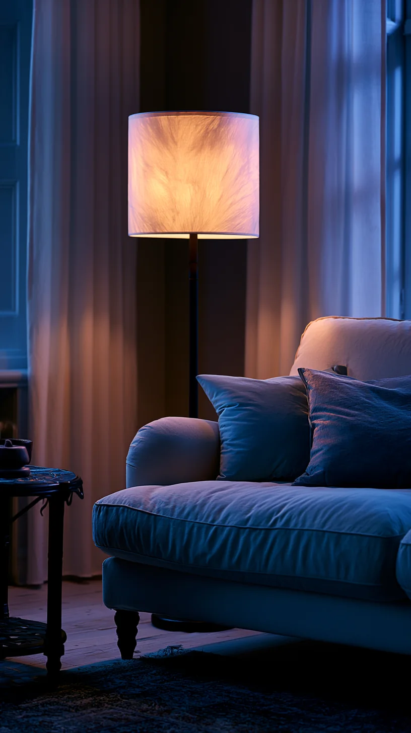 warm floor lamp glowing beside a blue couch at dusk, photo 3 of 4