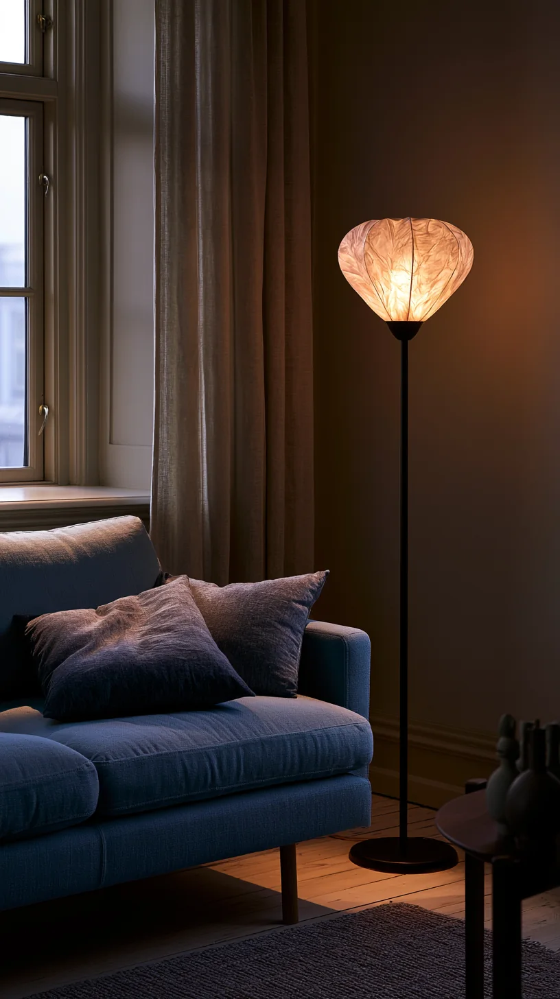 warm floor lamp glowing beside a blue couch at dusk, photo 4 of 4