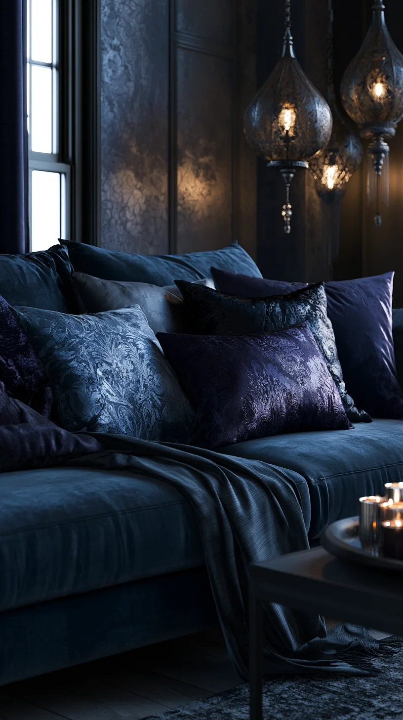 deep navy and cream accents layered on a blue couch, photo 2 of 4