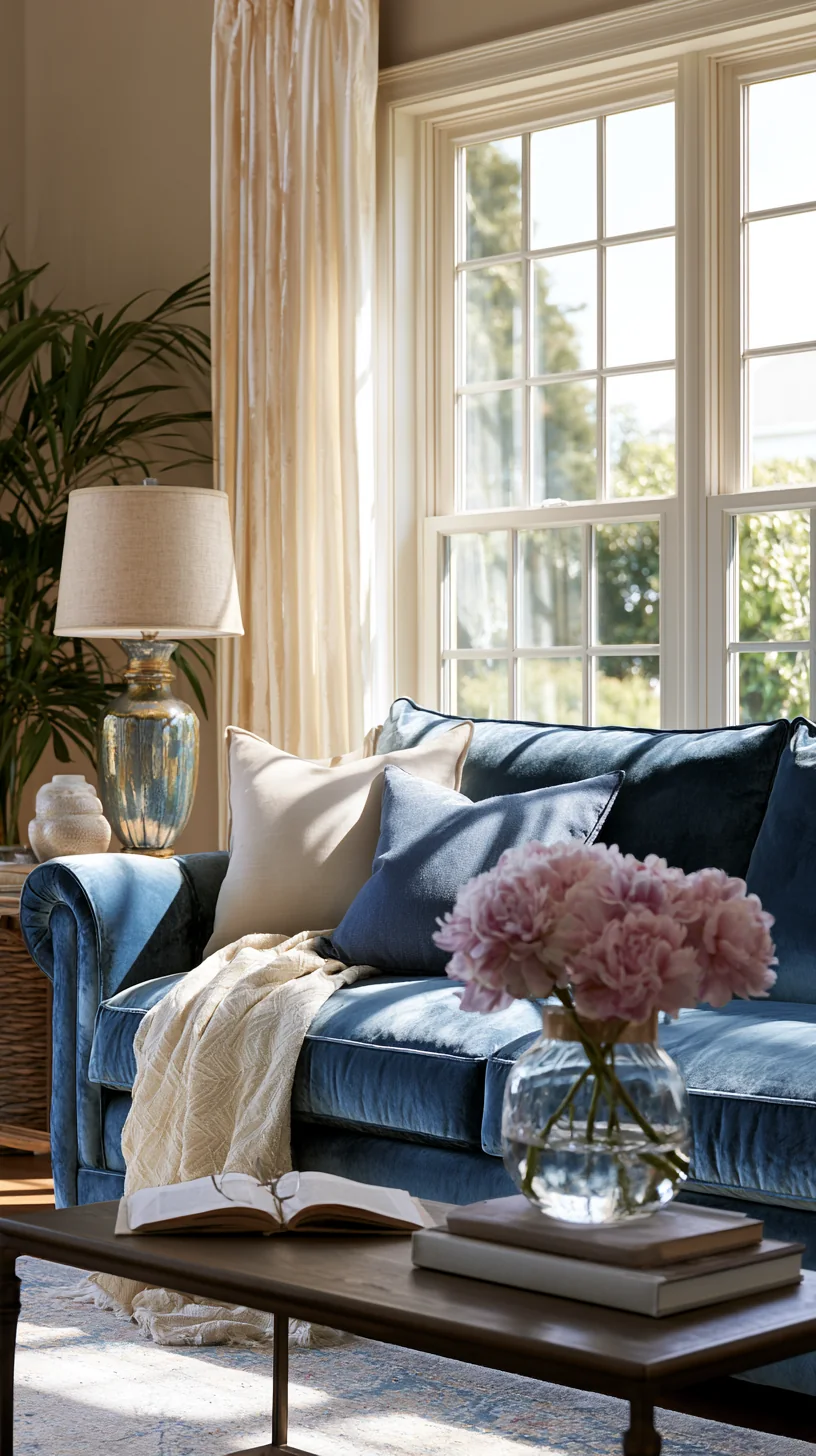 coastal cream and sand palette around a blue couch, photo 1 of 4