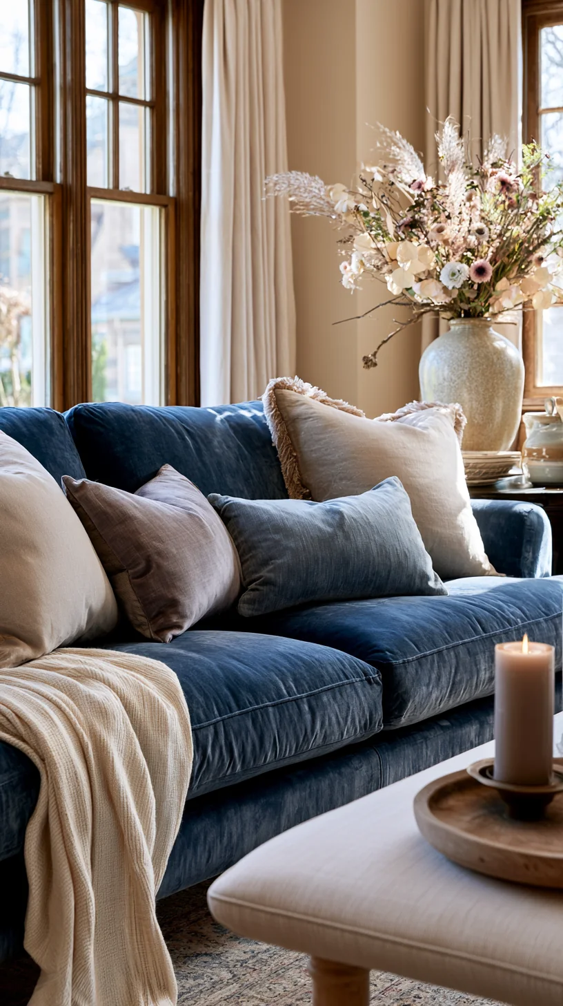 coastal cream and sand palette around a blue couch, photo 2 of 4