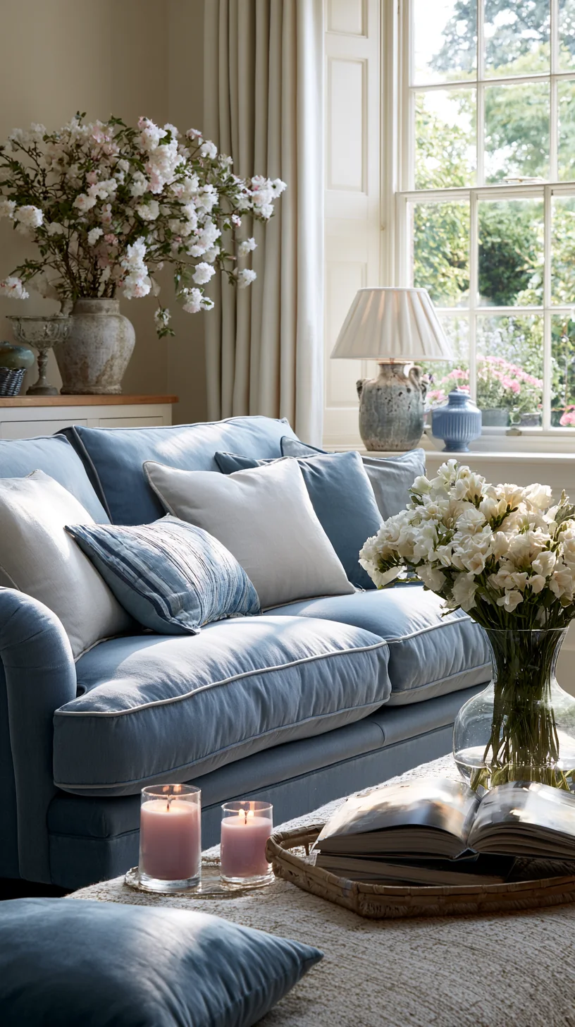 coastal cream and sand palette around a blue couch, photo 3 of 4