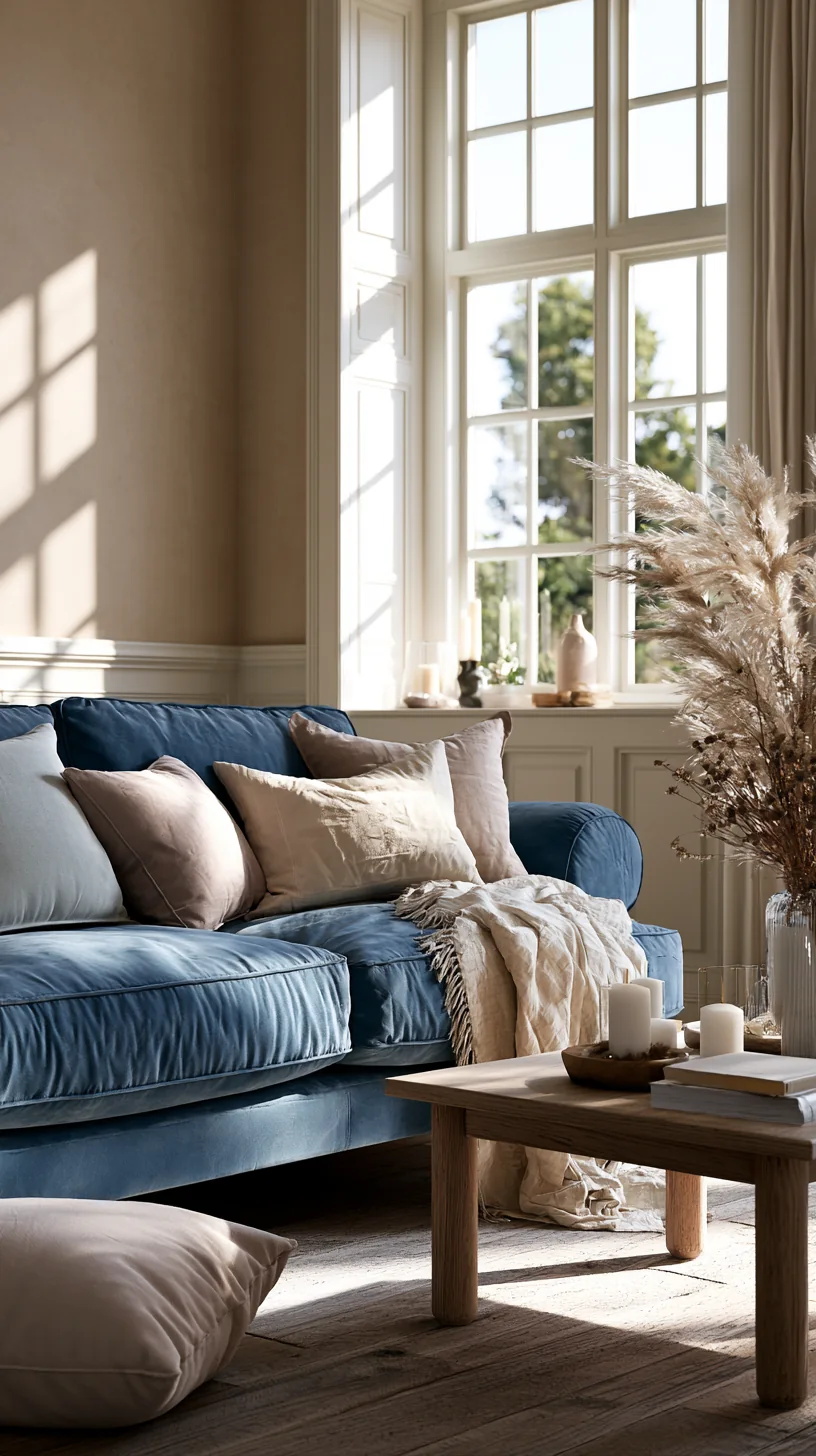 coastal cream and sand palette around a blue couch, photo 4 of 4
