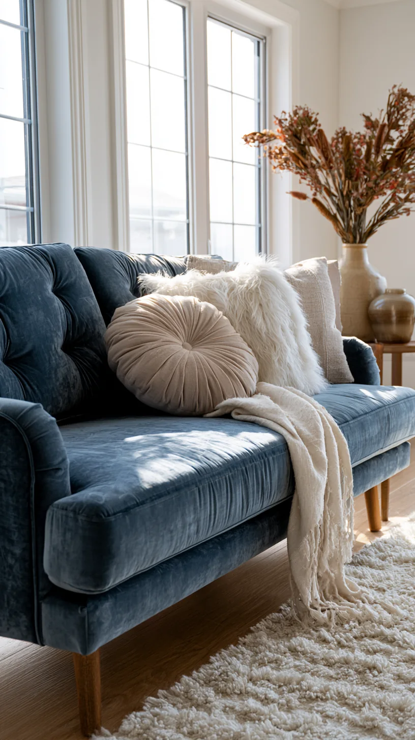 light and airy modern styling around a blue couch, photo 1 of 4