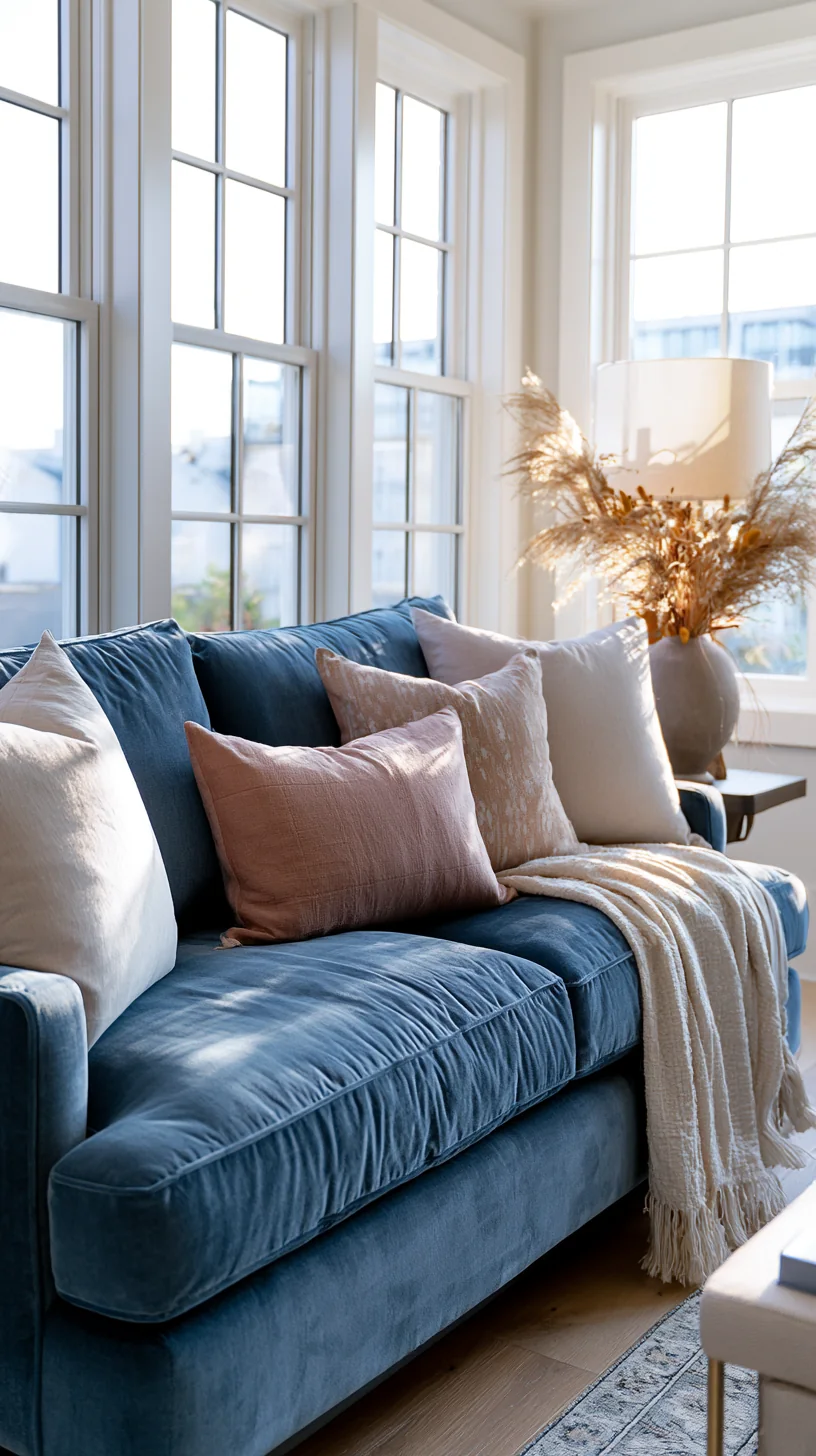 light and airy modern styling around a blue couch, photo 2 of 4