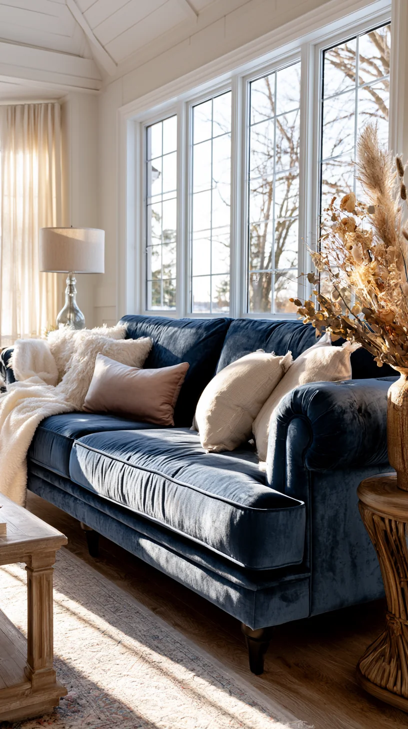 light and airy modern styling around a blue couch, photo 3 of 4