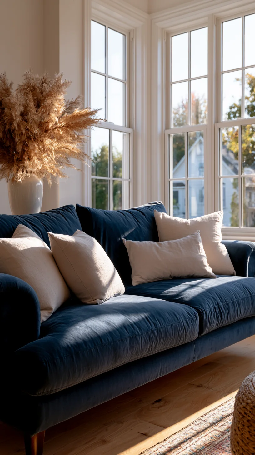 light and airy modern styling around a blue couch, photo 4 of 4
