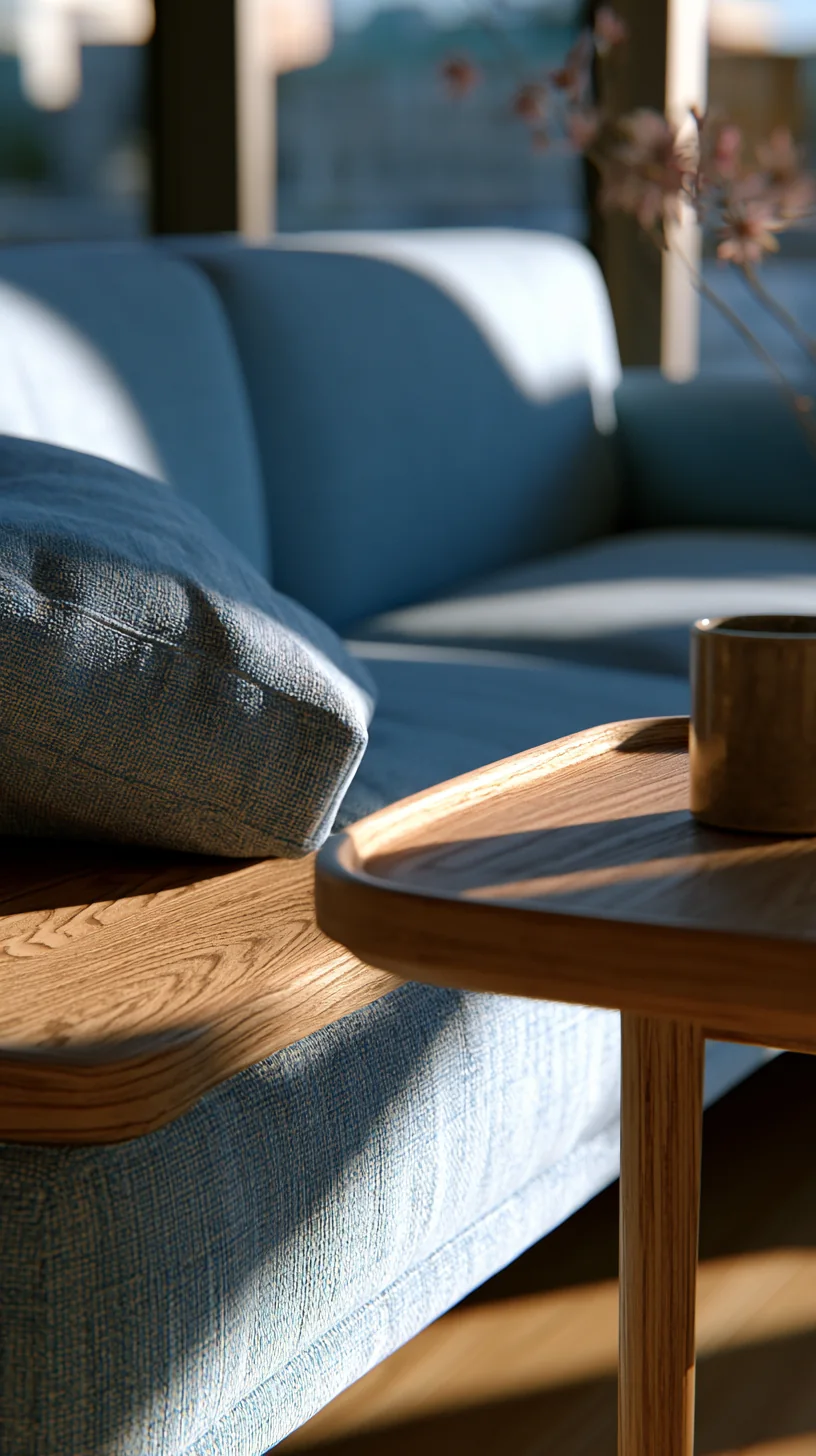 light wood side table next to a blue couch, photo 1 of 4