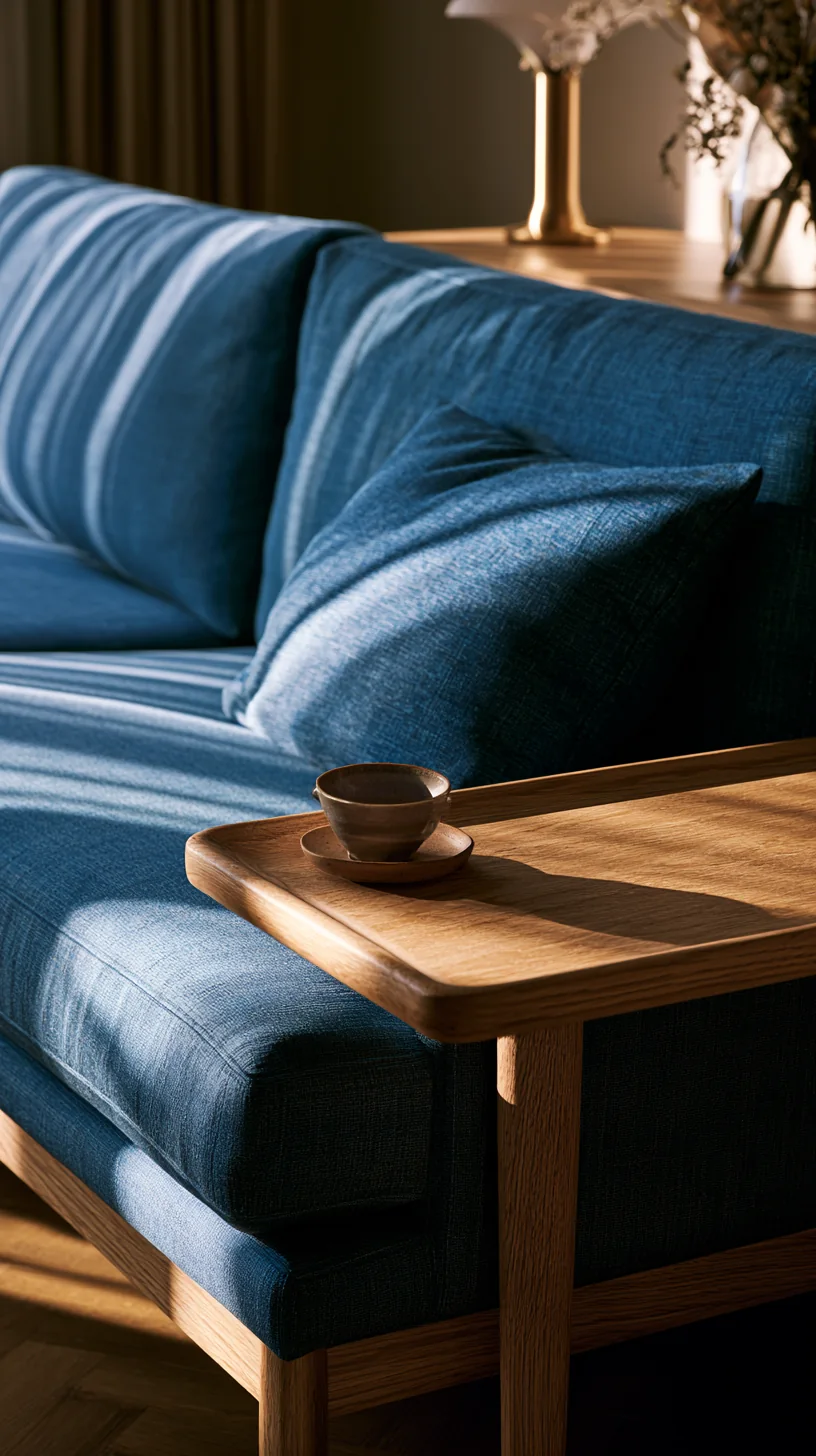 light wood side table next to a blue couch, photo 2 of 4