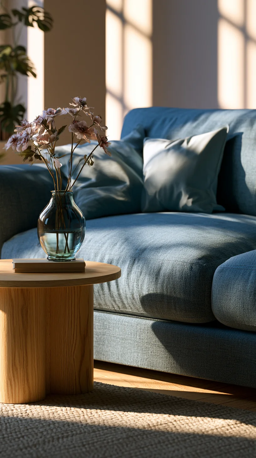 light wood side table next to a blue couch, photo 3 of 4