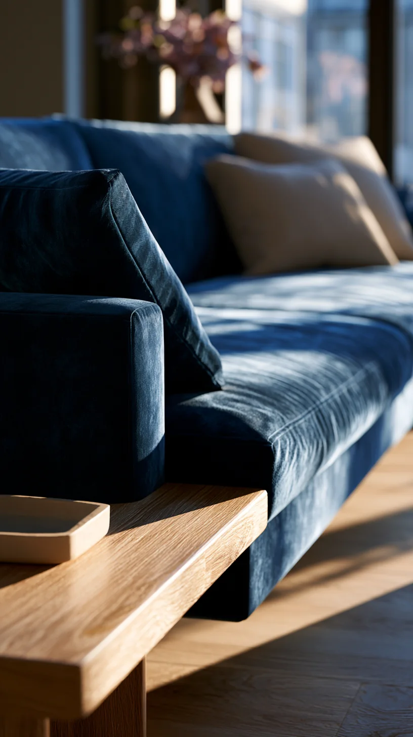 light wood side table next to a blue couch, photo 4 of 4