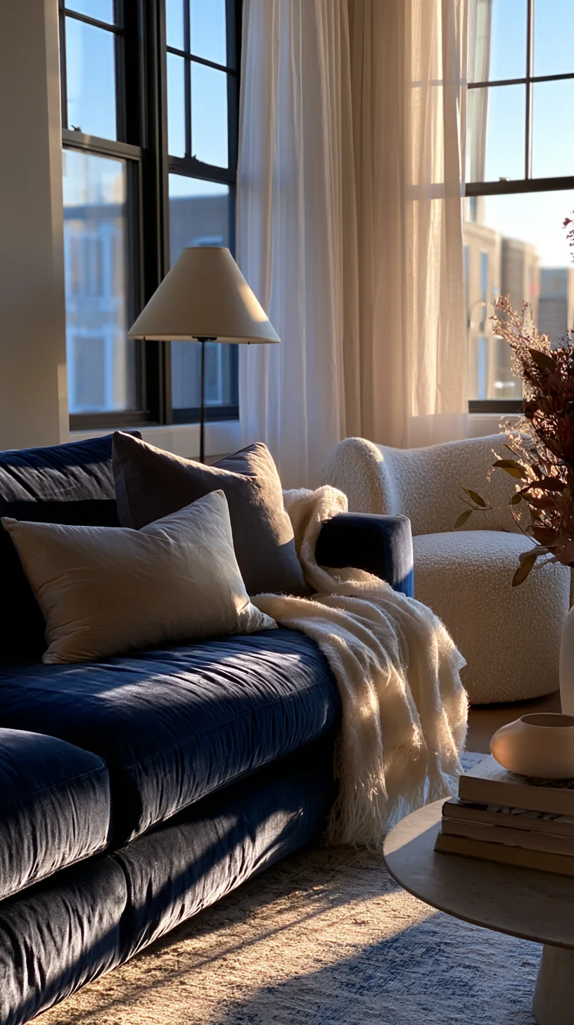 cream boucle accent chair softening a blue couch setup, photo 1 of 4