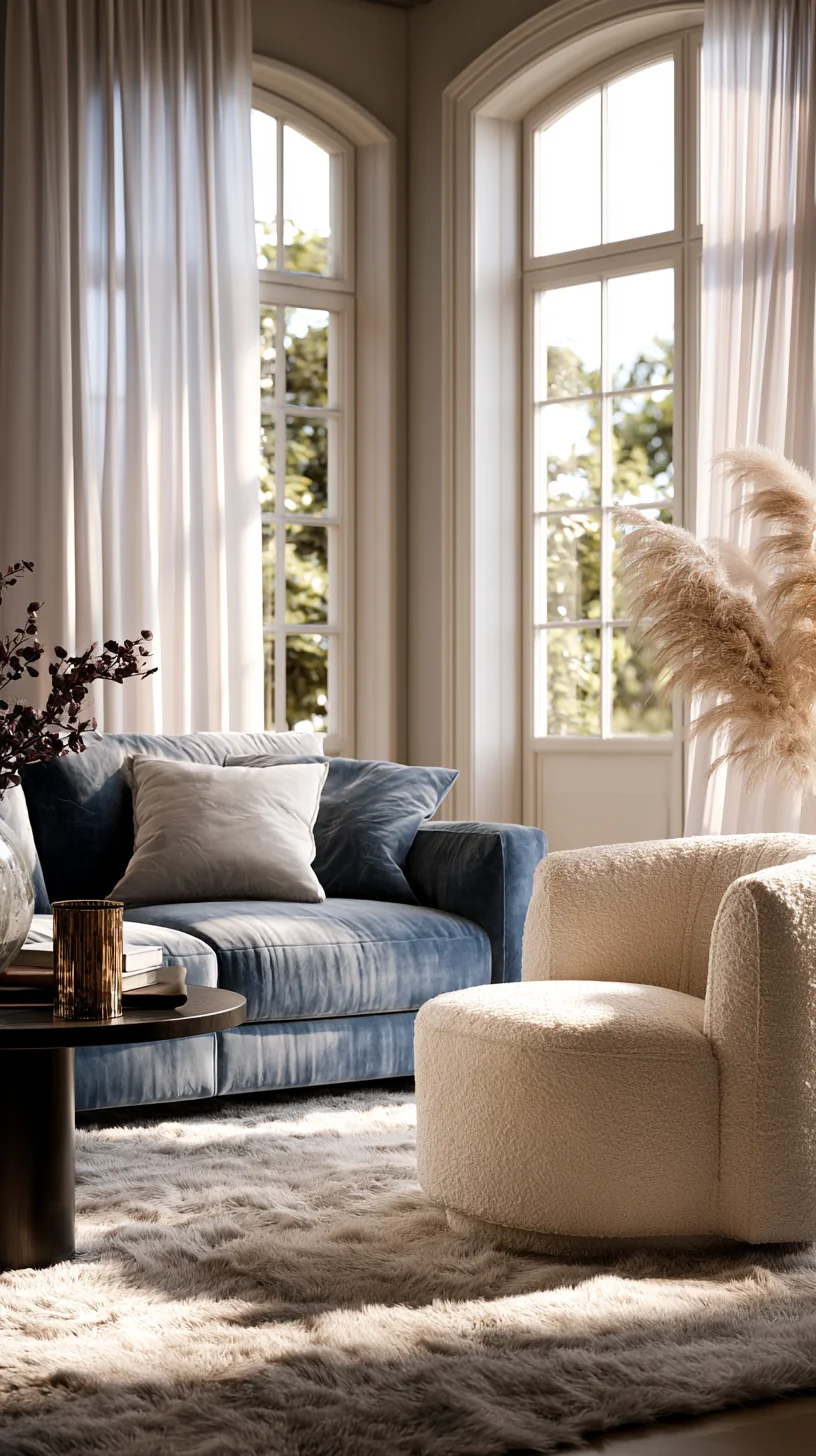 cream boucle accent chair softening a blue couch setup, photo 2 of 4