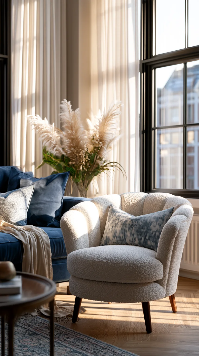 cream boucle accent chair softening a blue couch setup, photo 3 of 4