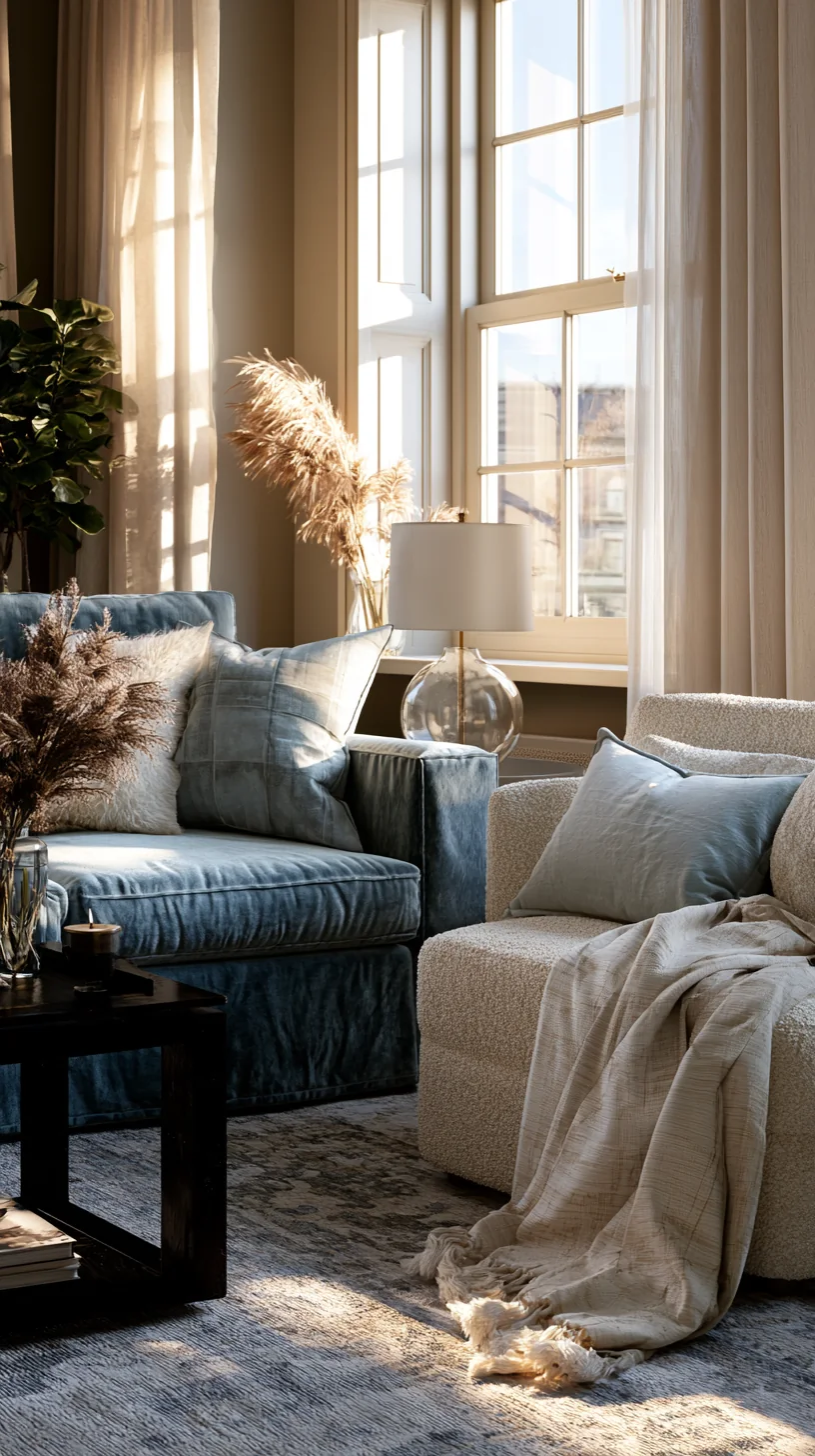 cream boucle accent chair softening a blue couch setup, photo 4 of 4