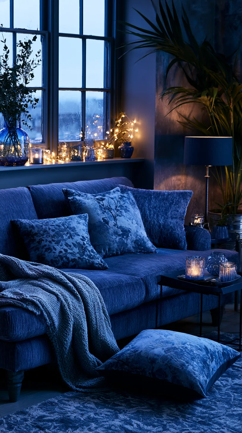 warm string lights glowing around a blue couch at night, photo 1 of 4