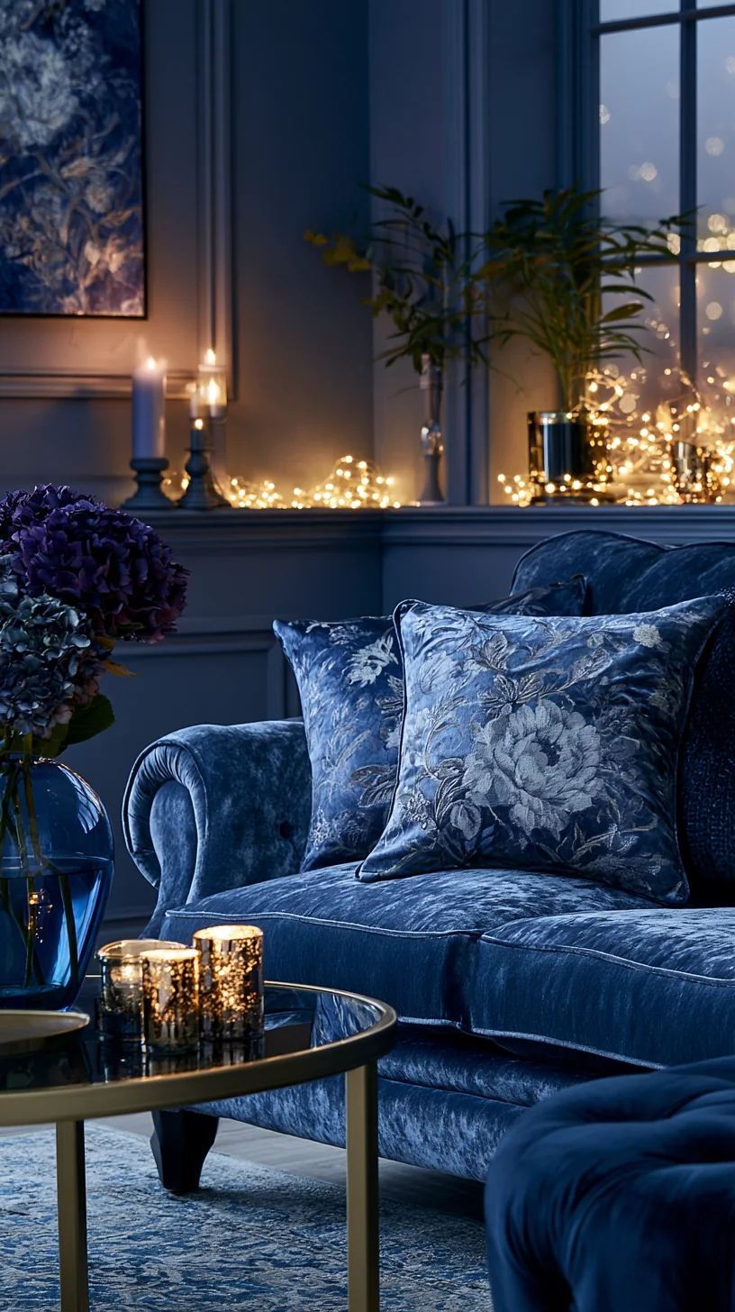 warm string lights glowing around a blue couch at night, photo 2 of 4
