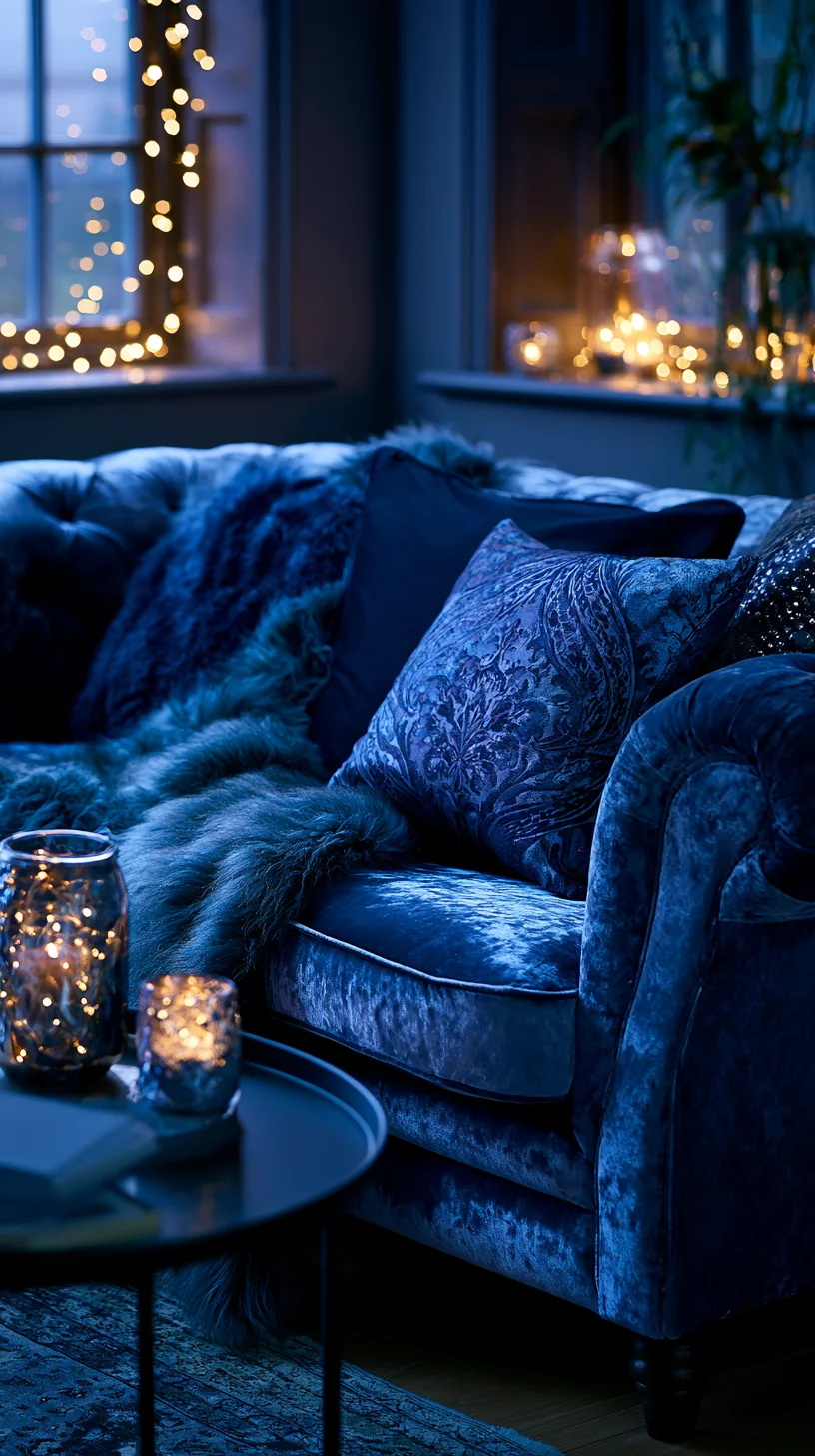 warm string lights glowing around a blue couch at night, photo 3 of 4