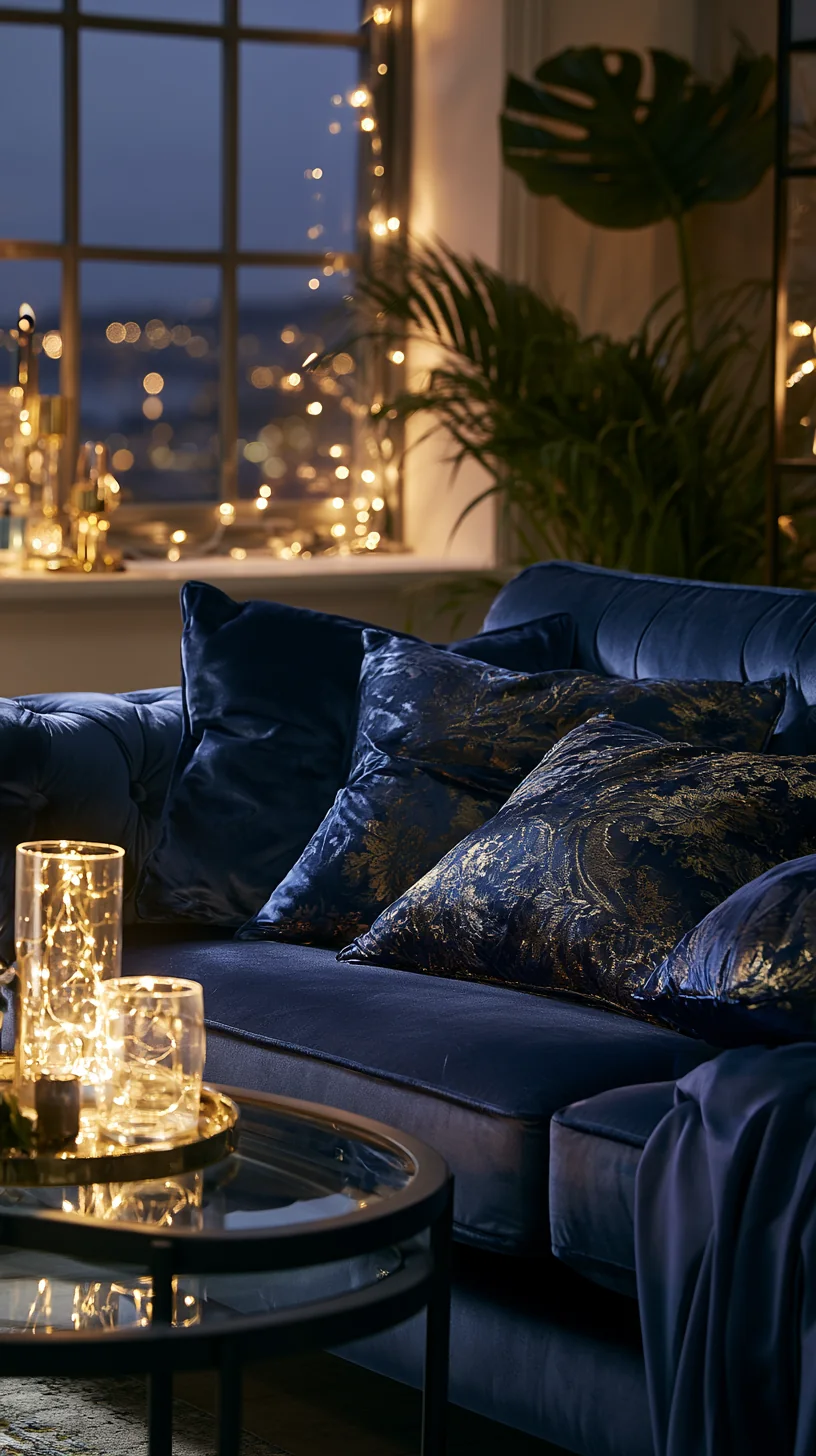 warm string lights glowing around a blue couch at night, photo 4 of 4