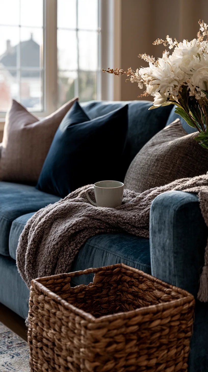 woven storage basket with throws beside a blue couch, photo 1 of 4