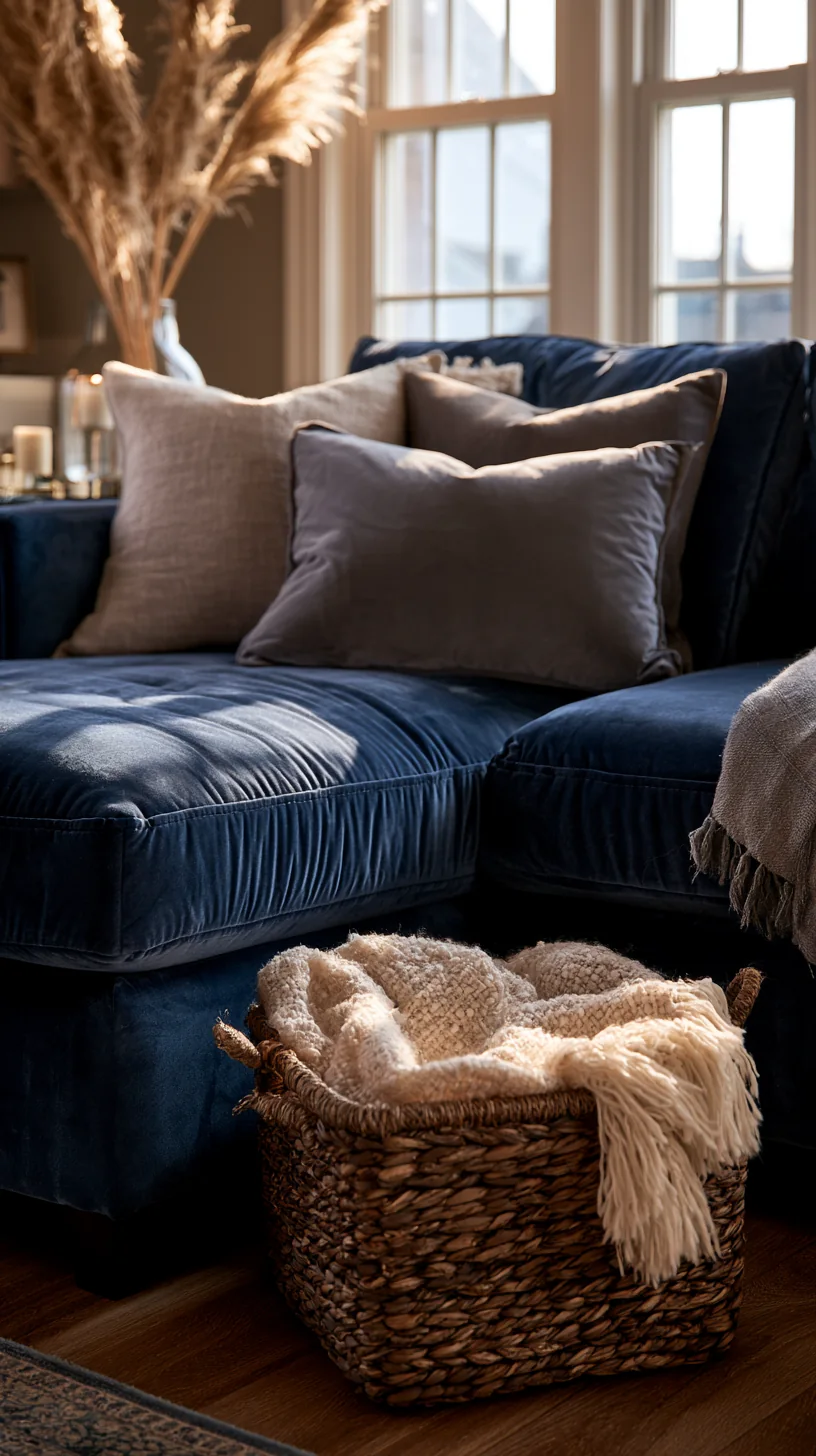 woven storage basket with throws beside a blue couch, photo 2 of 4
