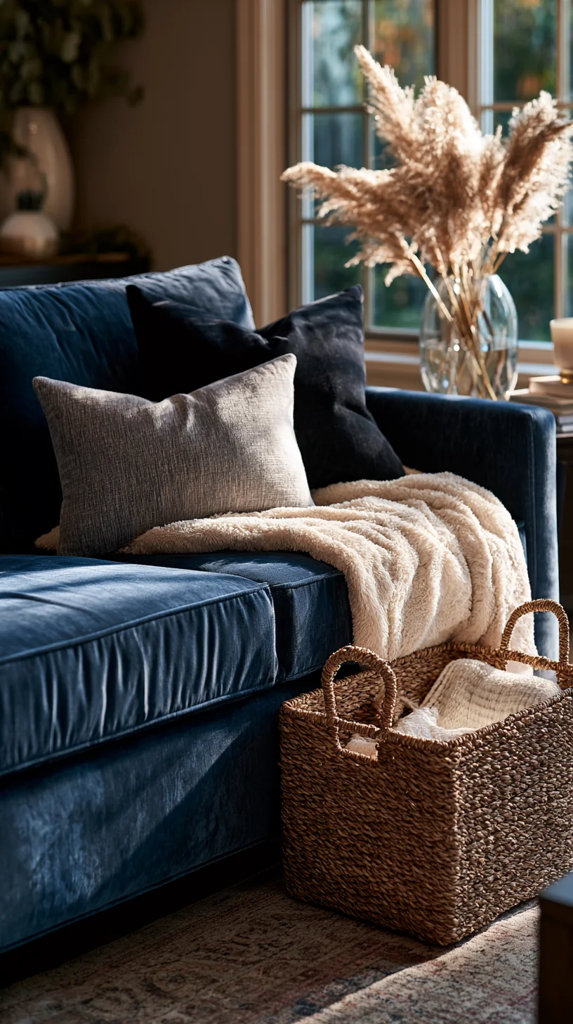 woven storage basket with throws beside a blue couch, photo 3 of 4