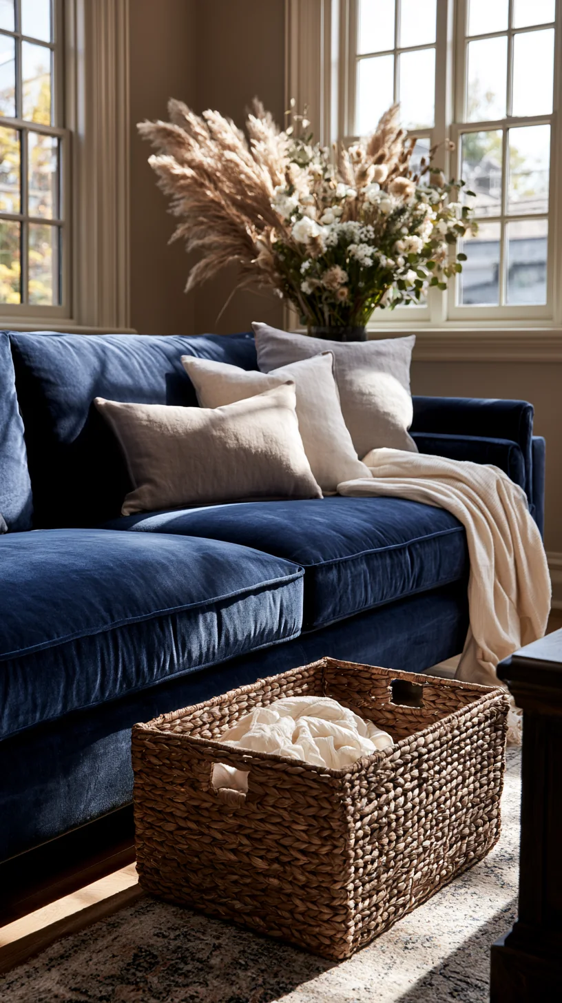 woven storage basket with throws beside a blue couch, photo 4 of 4