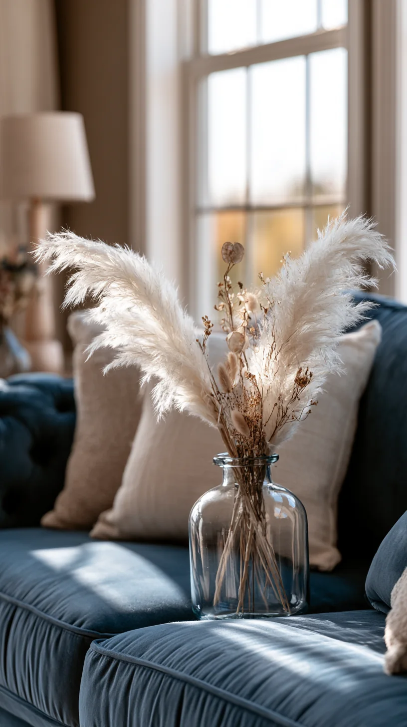 pampas grass in a warm vase next to a blue couch, photo 1 of 4
