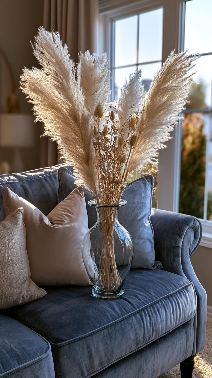 pampas grass in a warm vase next to a blue couch, photo 2 of 4