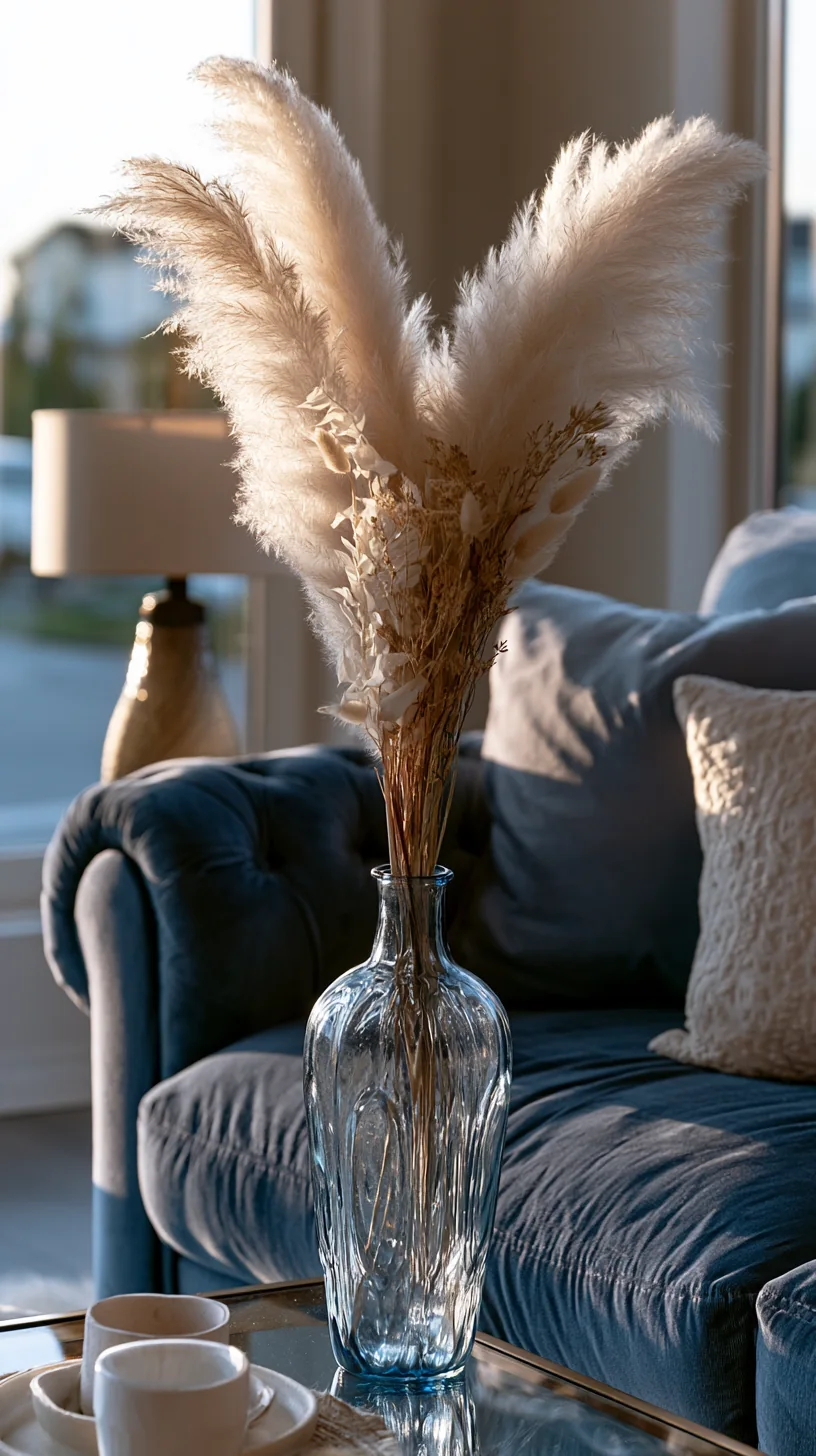 pampas grass in a warm vase next to a blue couch, photo 3 of 4