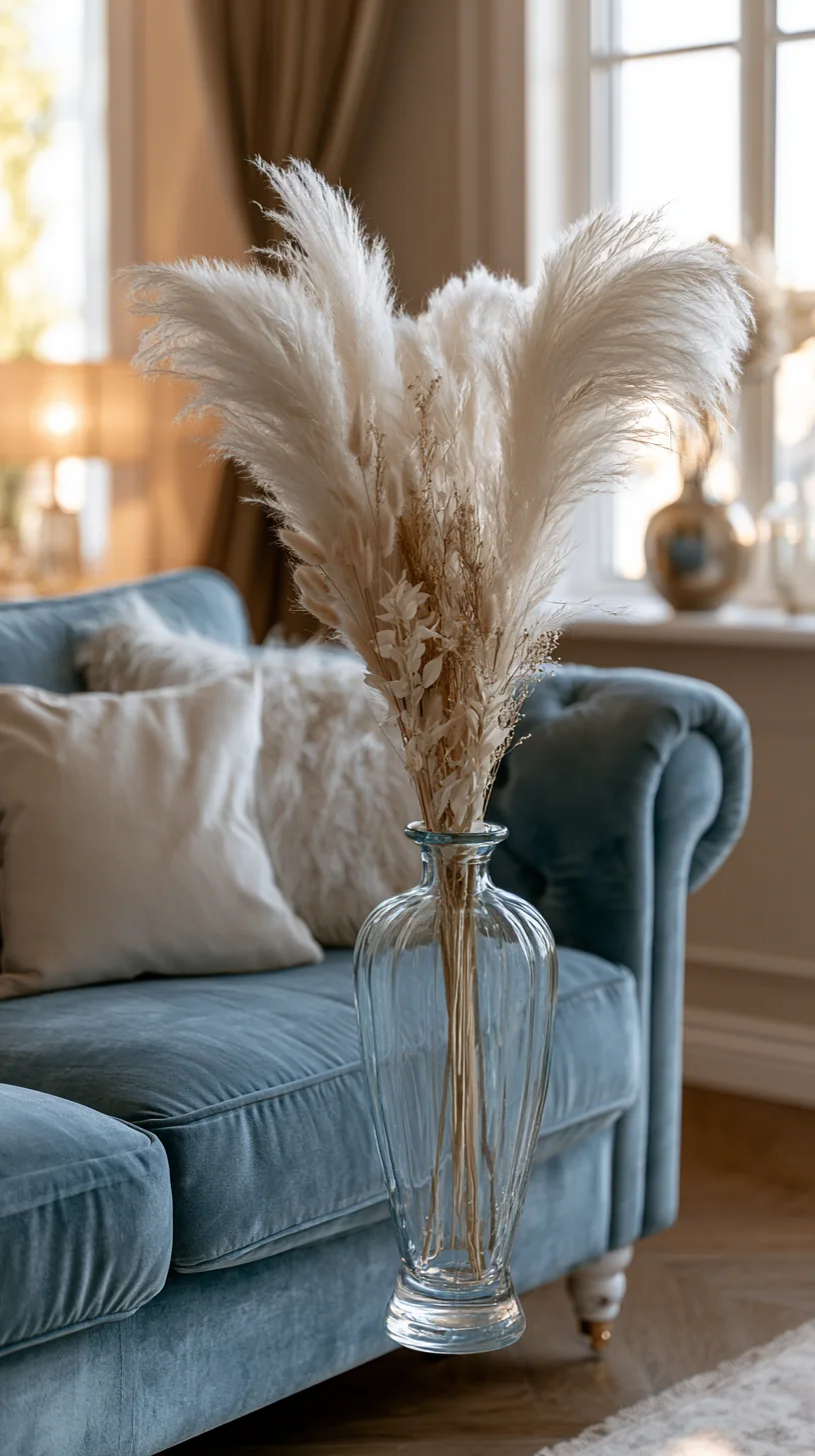 pampas grass in a warm vase next to a blue couch, photo 4 of 4