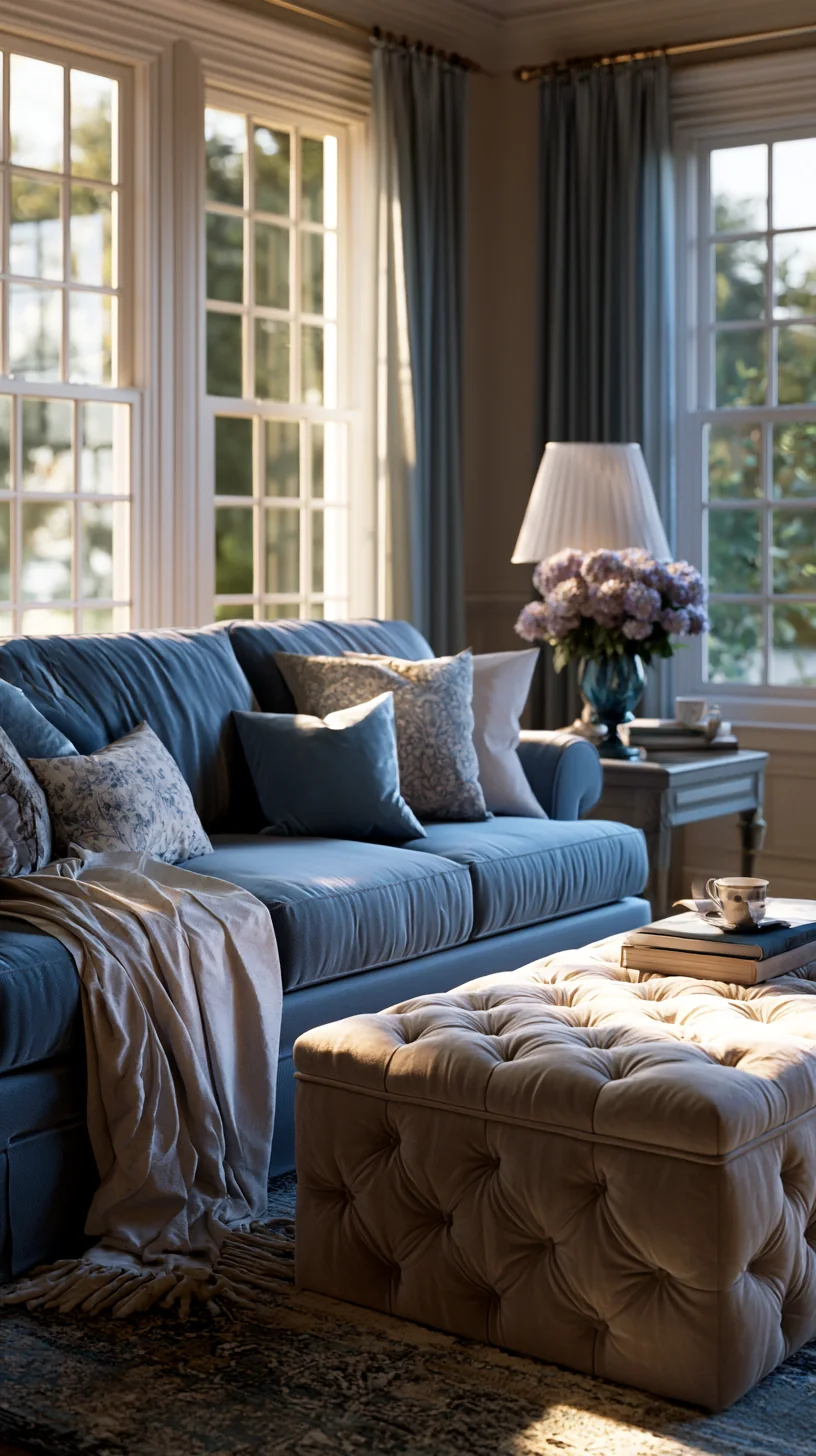 cream storage ottoman paired with a blue couch, photo 1 of 4
