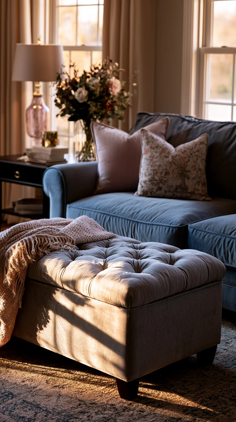 cream storage ottoman paired with a blue couch, photo 3 of 4