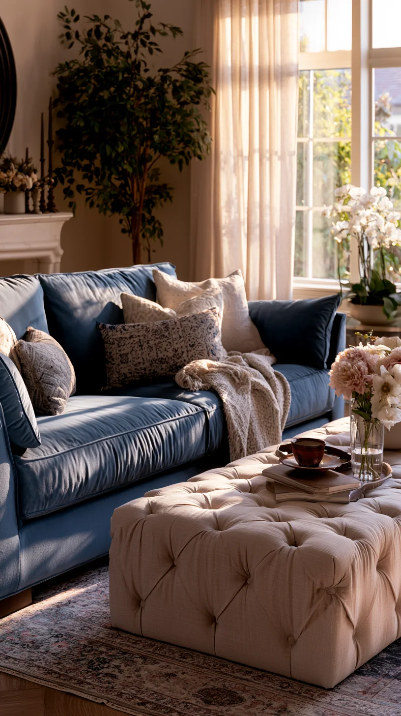 cream storage ottoman paired with a blue couch, photo 4 of 4