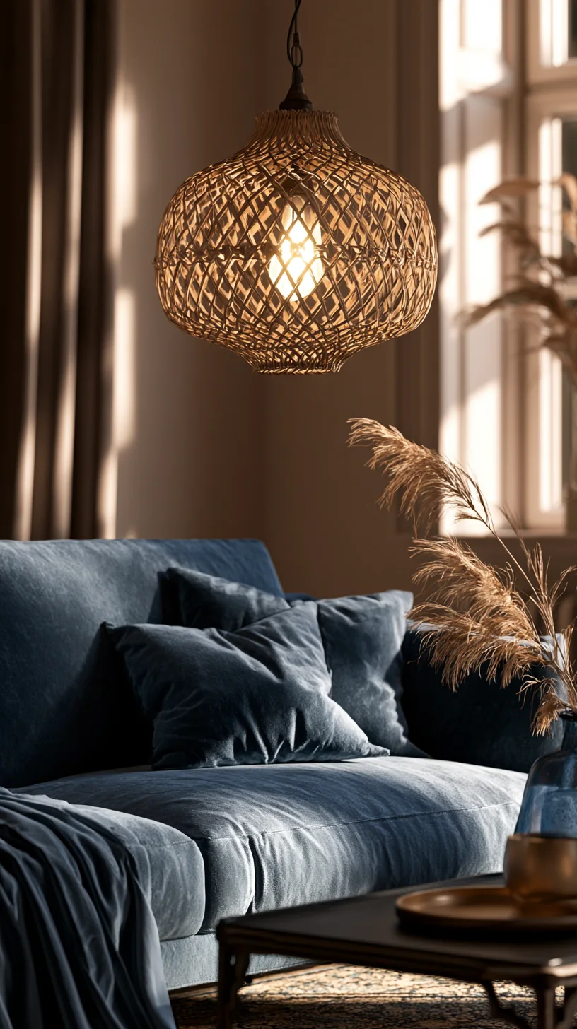 rattan woven pendant light above a blue couch, photo 1 of 4