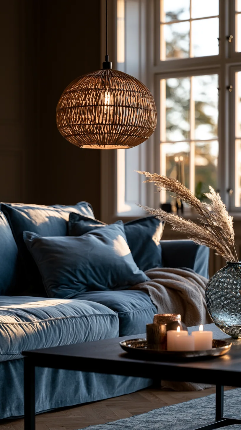 rattan woven pendant light above a blue couch, photo 2 of 4