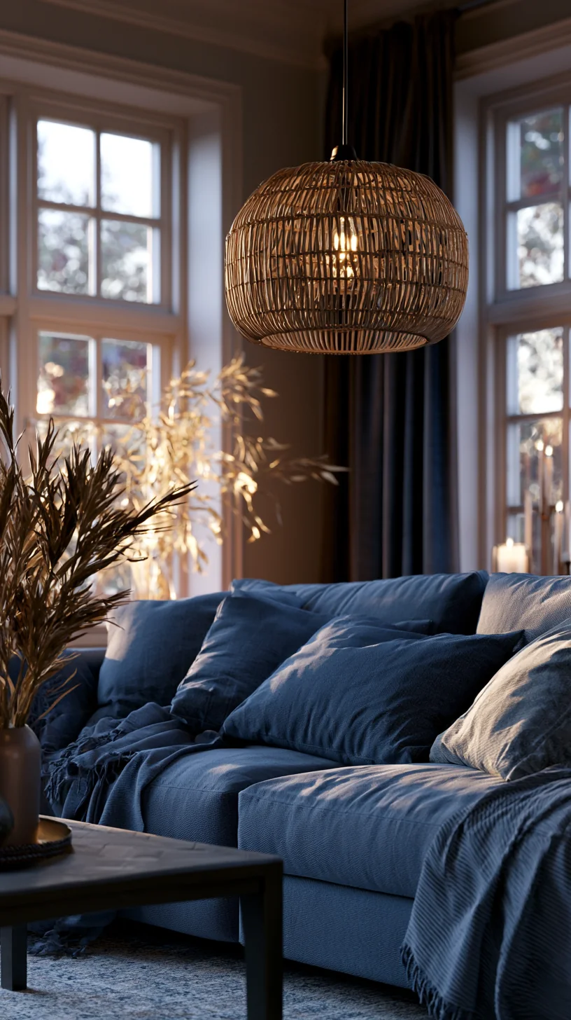 rattan woven pendant light above a blue couch, photo 3 of 4
