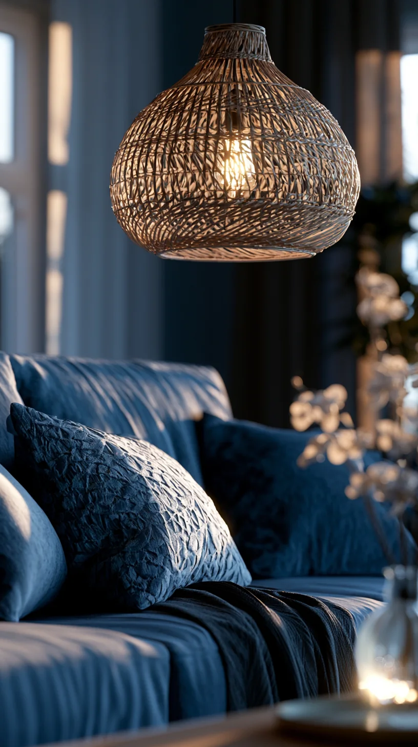 rattan woven pendant light above a blue couch, photo 4 of 4