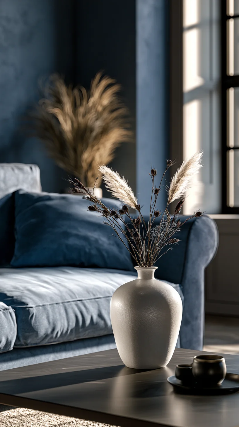 simple warm ceramic vase styled near a blue couch, photo 2 of 4