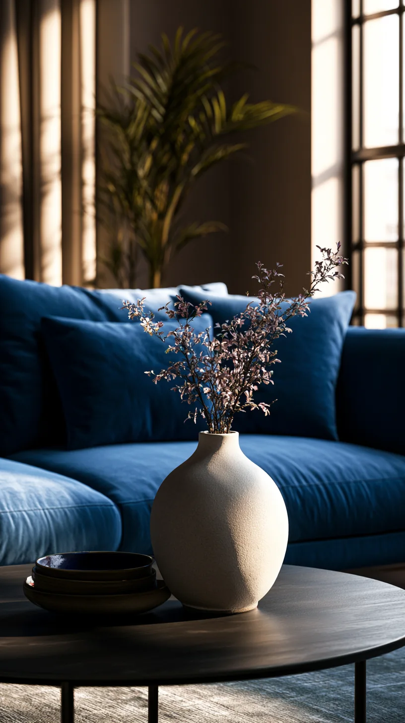 simple warm ceramic vase styled near a blue couch, photo 3 of 4